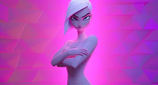 the spiderwoman is standing with her arms crossed in front of her, in the style of white and pink, lavender colorful animation stills, mysterious backdrops, sculpted, grid-based, disney animation, infrared --ar 132:71 --s 30 --niji 5 --style expressive --s 750 --s 750