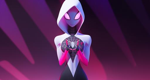 the spiderwoman is standing with her arms crossed in front of her, in the style of white and pink, lavender colorful animation stills, mysterious backdrops, sculpted, grid-based, disney animation, infrared --ar 132:71 --s 30 --niji 5 --style expressive --s 750 --s 750