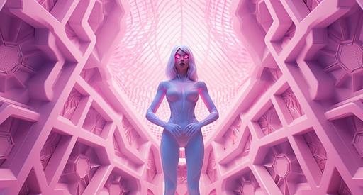 the spiderwoman is standing with her arms crossed in front of her, in the style of white and pink, lavender, colorful animation stills, mysterious backdrops, sculpted, grid-based, disney animation, infrared --ar 132:71 --v 5.1