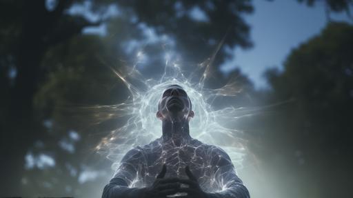 the spiritual body shadowing the physical body connected by a strong energy link, the spiritual body is very subtle and transparent almost like a ghost effect, the cosmos is in the background, ultra-realistic, cinematic, 8k, --ar 16:9