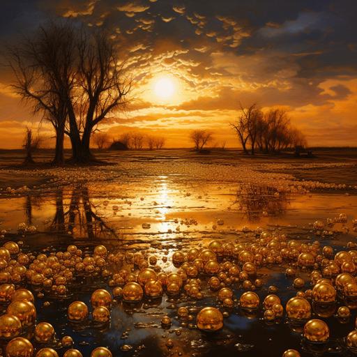 the spring country side with the gold leaf covered ground and vivid colored gold leaf orbs of mirrored light in the sky of gold drops of rain with glow of stormlight