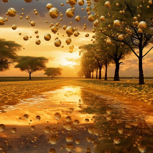 the spring country side with the gold leaf covered ground and vivid colored gold leaf orbs of mirrored light in the sky of gold drops of rain with glow of stormlight