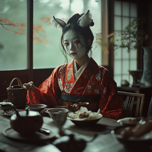 the sudden scene when your wife removes her face and reveals she's been a Kitsune all along, photograph, film still, candid family moments --v 6.0