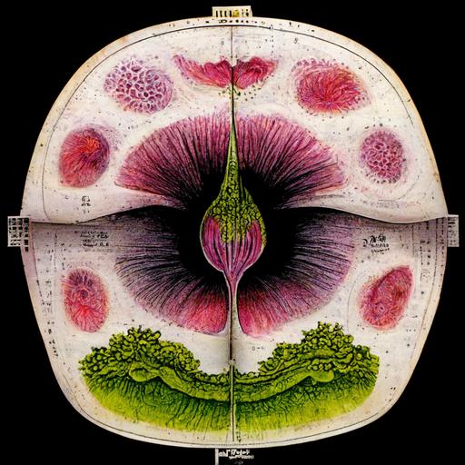 the surreal cross section of a lush cell, botanical drawing in coloures nankin fashion --q 2 --v 3