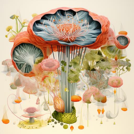 the surreal cross section of a lush cell, botanical drawing in coloures nankin fashion --q 2 --v 5.2