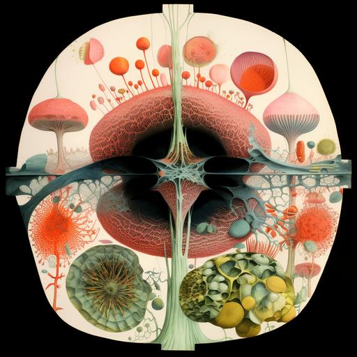 the surreal cross section of a lush cell, botanical drawing in coloures nankin fashion --q 2 --v 5.2
