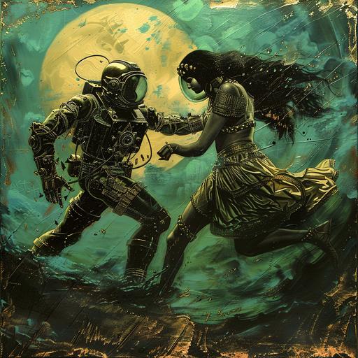 the synthwave ambrotype Goddess of Greece Summons an ancient Astronaut, Cartoon graphics By Frank frazetta --v 6.0