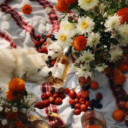 the texture of the Snuggle Bear on a picnic blanket with apples, white flowers, daisies and cream, sophisticated, sparkling, in the design aesthetics of 