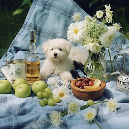 the texture of the Snuggle Bear on a picnic blanket with apples, white flowers, daisies and cream, sophisticated, sparkling, in the design aesthetics of 