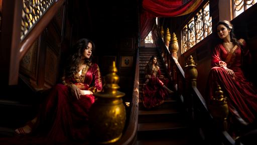the thailand thai woman sitting on an staircase with open door, in the style of renaissance-inspired chiaroscuro, staged photography, canon eos 5d mark iv, light maroon and bronze, eastern-inspired motifs, colorful costumes, slumped/draped
