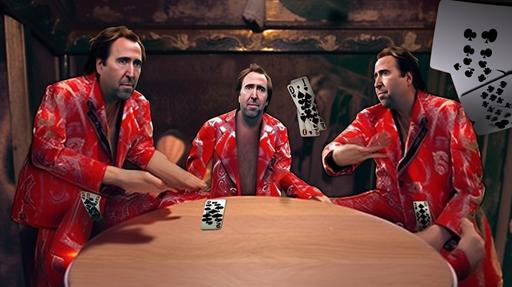 the three amigos as if they were a selection of Nicholas Cage actors on playing poker cards::1 the Nicholas Cage actors are intended to be used as toppings on a buffet table containing only diamond shaped poker cards, heart shaped poker cards, and spade shaped poker cards::3 top-down, looking in the 🪞, close-up view:: --no spoons --no cutlery --no people --ar 16:9 --v 5