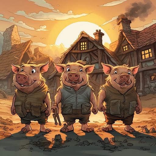 the three little pigs comic style. Their three houses as background
