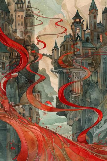 the town of ten thousand millions silk red ribbons, detailed watercolor illustration, art-nouveau --ar 2:3 --v 6.0