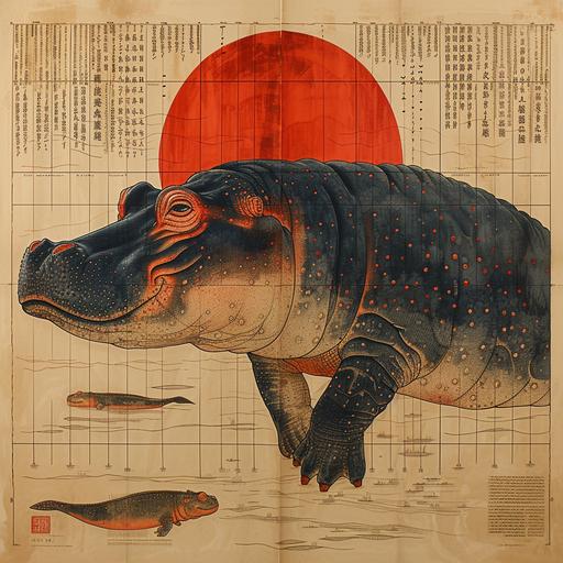 the traditional japanese symbol of the hippo for, in the style of hilma af klint, surrealist anatomy, warwick goble, american works on paper 1880–1950, intricately mapped worlds, red and indigo, machine aesthetics --s 750 --v 6.0
