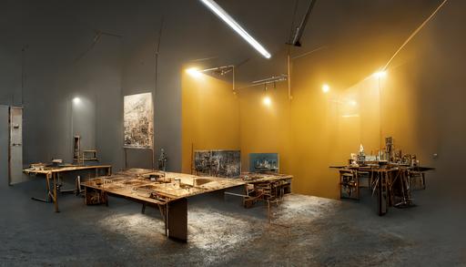 the transformation of an industrial space into an artistic space laboratory, work tables, exhibition spaces, creative tools, chill corner,  micro detail, ultra-realistic, atmospheric lighting, environment, ultra realistic, 8k, --ar 16:9