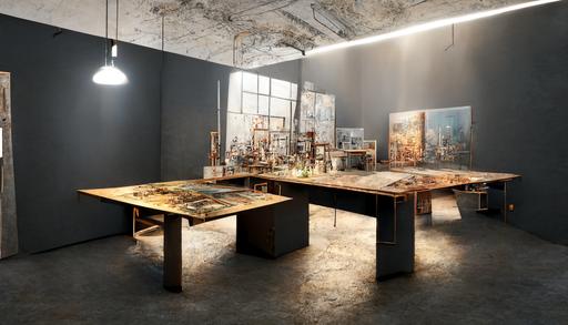 the transformation of an industrial space into an artistic space laboratory, work tables, exhibition spaces, creative tools, chill corner, micro detail, ultra-realistic, atmospheric lighting, environment, ultra realistic, 8k, --ar 16:9