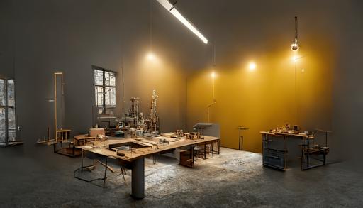 the transformation of an industrial space into an artistic space laboratory, work tables, exhibition spaces, creative tools, chill corner, micro detail, ultra-realistic, atmospheric lighting, environment, ultra realistic, 8k, --ar 16:9