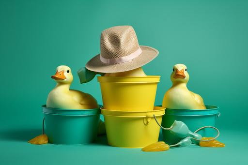 the trifecta of spurrrfect a rubber a condo-mint and a bucket of trendy rubber duck hat --ar 3:2