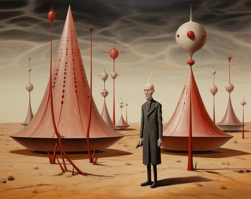 the two paintings and a man standing behind them, in the style of surrealistic detail, spiky mounds, light red and dark beige, animated film pioneer, graceful balance, chrome-plated, haunting structures --ar 34:27