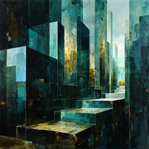 the void ,deserted city inside crystaline blocks , black onyx , gold , emerald green , rich azure blue , dusky flare , back light , realism --v 6.0 --s 250