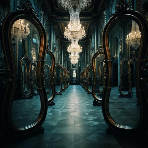 the void, room of eternal oval ornate mirrors, parallel dimensions of lives, light refractions, life, living multiple reality, endless, bright, immortal vision, no universe, all bright lively environments, beauty, men and women reflected in endless mirrors v 6.0