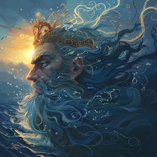 the water magus rises from the ocean. His hair and beard are as blue and billowing as the waves. He wears a glittering gold crown and his face eclipses the setting sun. Side profile.