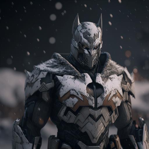 the white wolf supervillain + futuristic suit armor + wolf inspired face mask + muscular + ice ability + falling snow + dark + batman vibes + cinematic shot + photorealistic + photorealism + ray tracing + unreal engine 5 + ultra detailed, 8k, hdr, hr --v 4