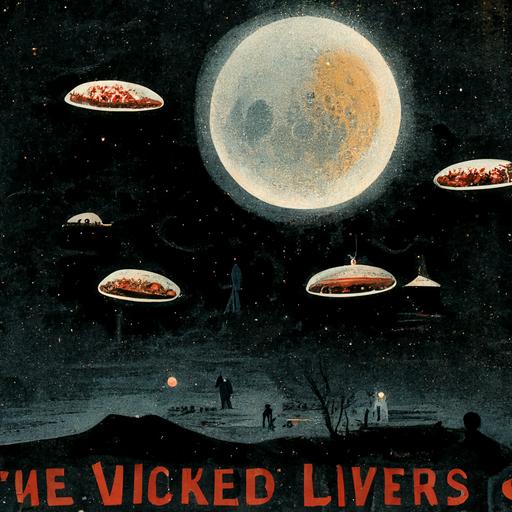 the wicked livers as text, with cartoon livers on each side, on the surface of the moon, hyper realistic, 8k, ufos in the sky, aliens holding livers as a trophy