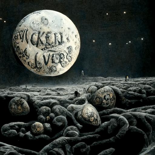 the wicked livers as text, with cartoon livers on each side, on the surface of the moon, wicked, realistic,