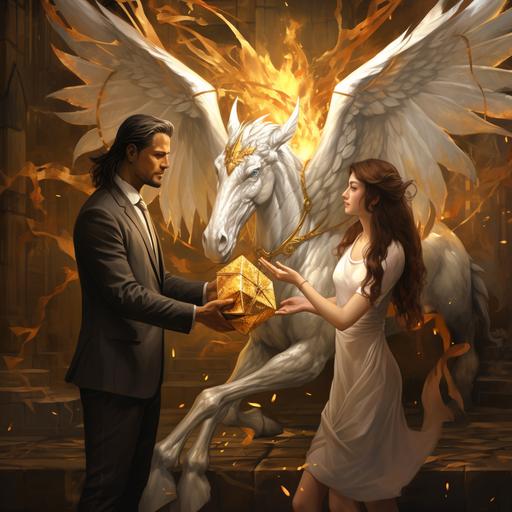 the winged horse pegasus unfurls his wings as the beautiful woman presents him with a glowing golden cuboctahedron as a special gift, they are both so excited and happy --s 250