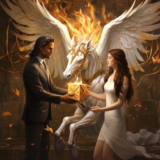 the winged horse pegasus unfurls his wings as the beautiful woman presents him with a glowing golden cuboctahedron as a special gift, they are both so excited and happy --s 250