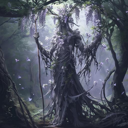 the wisteria god is standing in the forest with flowers and sticks in his hand, in the style of brian despain, dark white and silver, anime-inspired characters, dark reflections, druidcore, subtle tonal values, mushroomcore --v 6.0