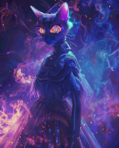 the witch, a cat vampire, wearing cat eyes and a silver dress, in the style of psychedelic neon, anime aesthetic, the stars art group (xing xing), purple and amber, angelcore, dark azure and gold, post-internet art --ar 91:114 --v 6.0