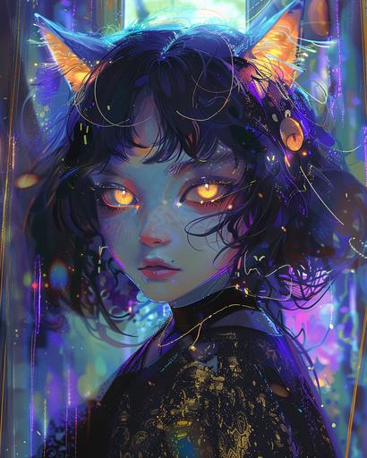 the witch, a cat vampire, wearing cat eyes and a silver dress, in the style of psychedelic neon, anime aesthetic, the stars art group (xing xing), purple and amber, angelcore, dark azure and gold, post-internet art --ar 91:114 --v 6.0
