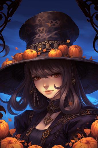 the witch of the mystic harvest moon wearing fancy witch attire and a witch hat, smiling at the viewer, horrific anime art style --ar 2:3 --s 200 --c 20 --v 5.1