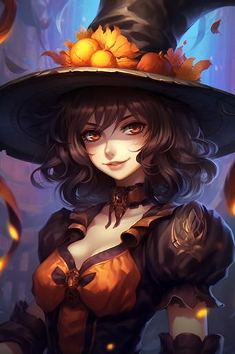 the witch of the mystic harvest moon wearing fancy witch attire and a witch hat, smiling at the viewer, horrific anime art style --ar 2:3 --s 200 --c 20 --v 5.1