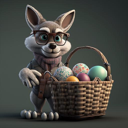 the wolf holds easter eggs and an easter basket, in an easter basket eggs and a soccer ball, character, cartoon, ((Pixar Animation Style 3D),[Cute] , 8K [MAN], Funny, (( artstation)) [extremely detailed light and shadow],[glasses],intricate details, full body, volumetric lightingdynamic pose, character in the style of Pixar, --v 4
