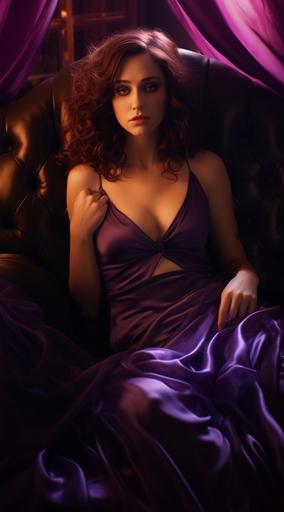 the woman is sitting on a purple sofa, in the style of emotionally charged scenes, dark amber and amber, natalia drepina, lovecore, 32k uhd, candid, highly staged scenes --ar 71:128