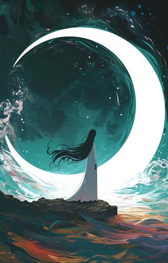 the woman stands alongside the crescent moon with white head, in the style of rough-edged 2d animation, fluid and flowing lines, light leaks, animated illustrations, bold yet graceful, animated shapes, gemstone --ar 41:64 --v 6.0