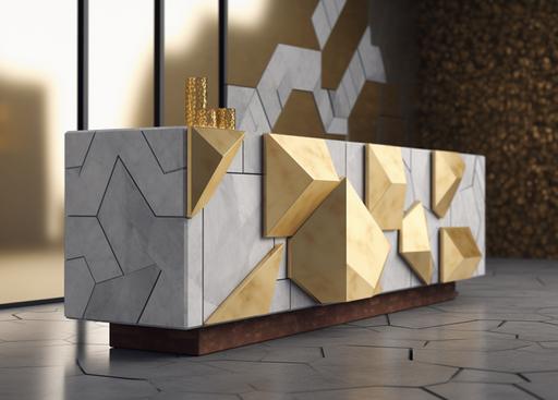 the wood and White soft grey marble top sideboard is on a stone floor, in the style of geometric surrealism, modular construction, sketchfab, alastair magnaldo, light silver and gold, focus on materials, cabincore --ar 169:121 --s 750 --style raw
