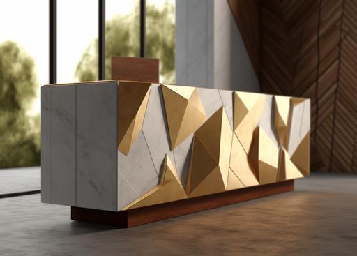 the wood and White soft grey marble top sideboard is on a stone floor, in the style of geometric surrealism, modular construction, sketchfab, alastair magnaldo, light silver and gold, focus on materials, cabincore --ar 169:121 --s 750 --style raw