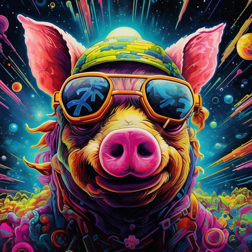 the world is spinning round and the porkchops are falling down, psychadelic poster, neon colors