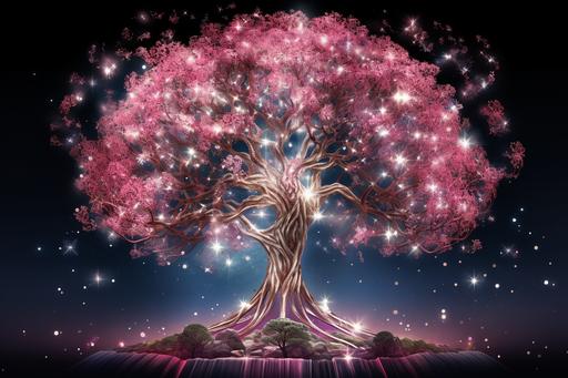 the world tree, made of rose quartz, floating in deep space in the style of cosmic energy, in the background are stars and stardust and nebula and galaxies and astronomical phenomena, organic material, surrounded by geometric energy lines, solarised, mystical, ethereal, rose tinted gradient colour, stunning, spectacular, intricate, --ar 3:2