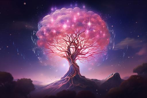 the world tree, made of rose quartz, floating in deep space in the style of cosmic energy, in the background are stars and stardust and nebula and galaxies and astronomical phenomena, organic material, surrounded by geometric energy lines, solarised, mystical, ethereal, rose tinted gradient colour, stunning, spectacular, intricate, --ar 3:2