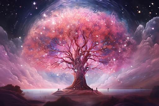 the world tree, made of rose quartz, floating in deep space in the style of cosmic energy, in the background are stars and stardust and nebula and galaxies and astronomical phenomena, organic material, surrounded by geometric energy lines, solarised, mystical, ethereal, rose tinted gradient colour, stunning, spectacular, intricate, --ar 3:2