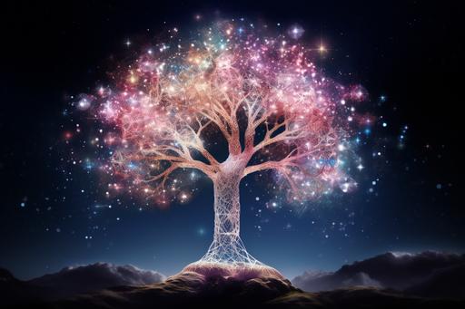 the world tree, made of rose quartz, floating in deep space in the style of cosmic energy, in the background are stars and stardust and nebula and galaxies and astronomical phenomena, organic material, surrounded by geometric energy lines, solarised, mystical, ethereal, rose tinted gradient colour, stunning, spectacular, intricate, --ar 3:2