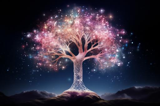 the world tree, made of rose quartz, floating in deep space in the style of cosmic energy, in the background are stars and stardust and nebula and galaxies and astronomical phenomena, organic material, surrounded by geometric energy lines, solarised, mystical, ethereal, rose tinted gradient colour, stunning, spectacular, intricate, --ar 3:2