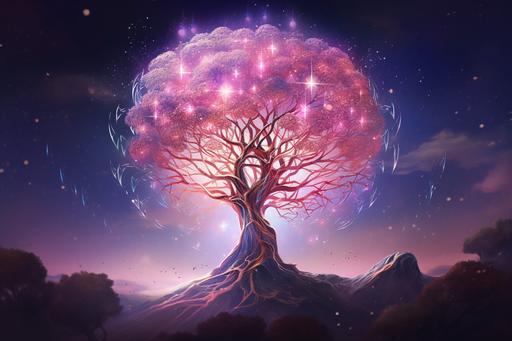 the world tree, made of rose quartz, floating in deep space in the style of cosmic energy, in the background are stars and stardust and nebula and galaxies and astronomical phenomena, organic material, surrounded by geometric energy lines, solarised, mystical, ethereal, rose tinted gradient colour, stunning, spectacular, intricate, --ar 3:2