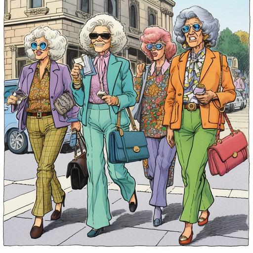 Elderly ladies wearing tight polyester pantsuits, sandels, handbags, big hair, smug, 1970s, colorful, going to church, cartoon style, R. Crumb, Vaughn Bode, Gilbert Shelton