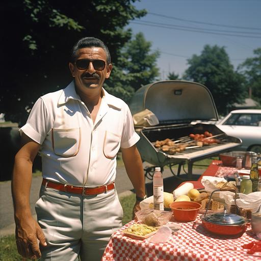 the year is 1969, a mafia looking italian man in his mid 60s, outside at a family bbq, a circle charcole bbq grill with sausages cooking on the grill, smoke is coming off the grill, folding tables with cheap looking table clothes and tin trays full of italian food spread out on the table, its a bright sunny day in july, there are a few clouds in the sky, this image is real, full of details and professional and relistic